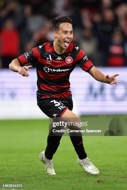 Aidan Simmons of the Wanderers celebrates scoring a goal during the round 25 A-League Men's match between Western Sydney Wanderers and Wellington...