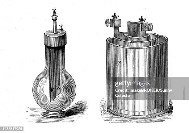 electrical engineering, bottle element and bunsen element, voltage source providing an electrical voltage of about 1, 9 v, germany, 1876, historic, digitally restored reproduction of an original 19th-century original - periodic table stock illustrations