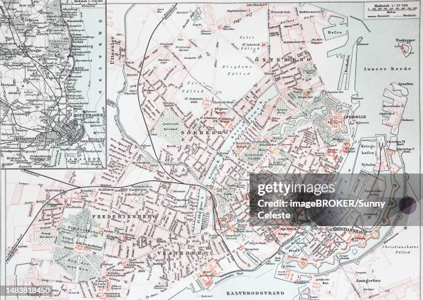 a map of historic copenhagen, denmark, historic, digitally restored reproduction of an original 19th century original - map copenhagen stock-grafiken, -clipart, -cartoons und -symbole