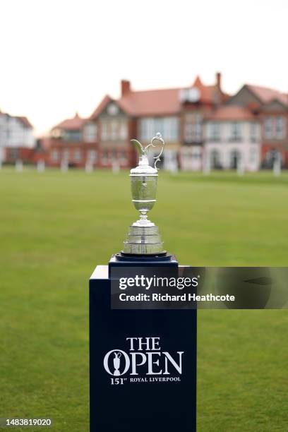 View of the Claret Jug in front of the clubhouse at Royal Liverpool Golf Club on April 19, 2023 in Hoylake, England.