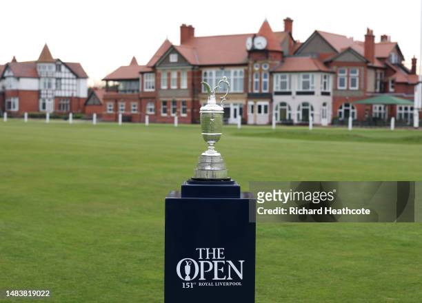 View of the Claret Jug in front of the clubhouse at Royal Liverpool Golf Club on April 19, 2023 in Hoylake, England.