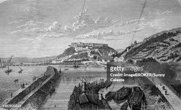stockillustraties, clipart, cartoons en iconen met fortress and town of ehrenbreitstein near koblenz, rhineland-palatinate, germany, in 1880, historic, digital reproduction of an original 19th-century image - castelo