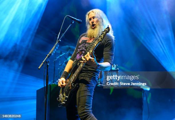 Troy Sanders of Mastodon performs at Concord Pavilion on April 20, 2023 in Concord, California.