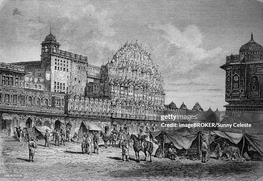 The Palace of the Winds, part of the City Palace in Jaipur, India, in 1880, Historic, digital reproduction of an original 19th century artwork