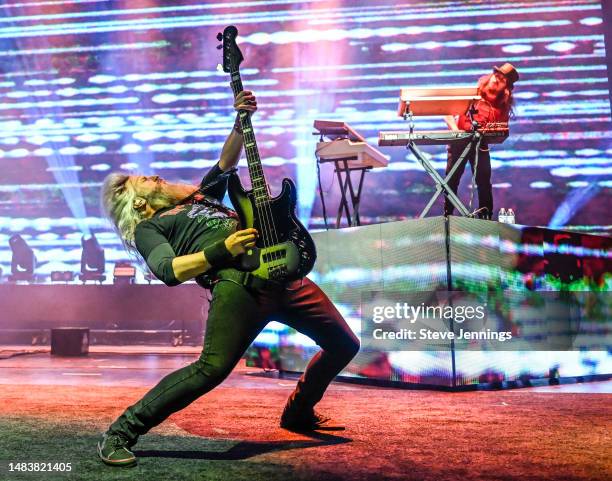 Troy Sanders of Mastodon performs at Concord Pavilion on April 20, 2023 in Concord, California.