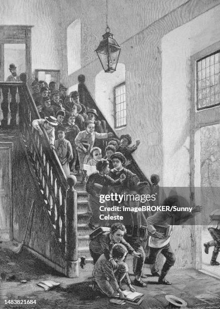 on the last day of school, the pupils leave for their holidays, 1889, germany, historic, digital reproduction of an original 19th century - last day of school stock illustrations
