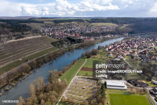 drone photo, drone shot, photo from above on the river main and the villages trennfeld, triefenstein, motorhome while wild camping on a car park, bavaria, germany - camping bayern stock pictures, royalty-free photos & images