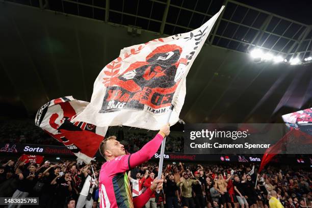 Wanderers goalkeeper Lawrence Thomas celebrates with fans after winning the round 25 A-League Men's match between Western Sydney Wanderers and...