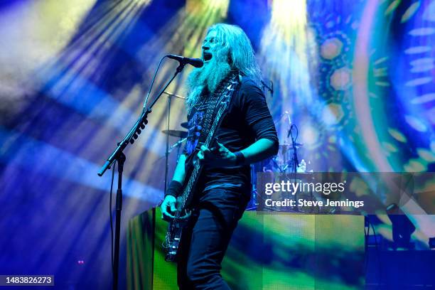 Troy Sanders of Mastodon performs at Concord Pavilion on April 20, 2023 in Concord, California.