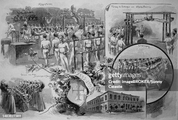 picture tableau of the fiftieth anniversary of the foundation of the leipzig general gymnastics association, leipzig, germany, 1895, historic, digital reproduction of an original 19th century master copy - tableau stock illustrations