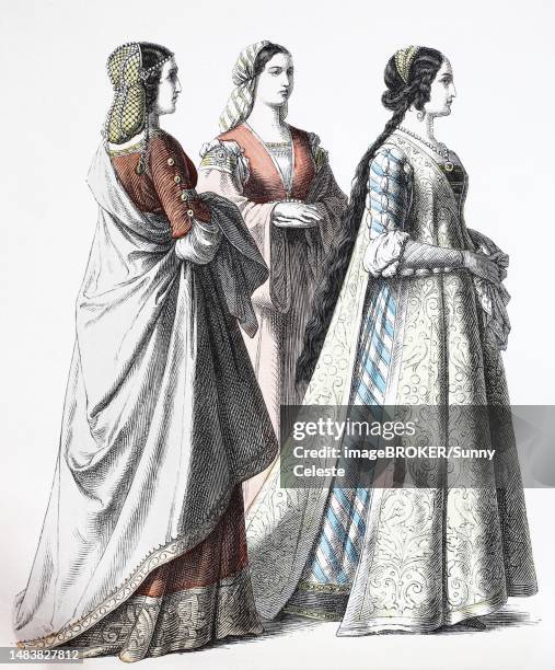 popular traditional costume, clothing, history of costumes, florentine nobles, florentines, italy, 1400-1450, historical, digitally restored reproduction of a 19th century original - traditional italian dress stock illustrations