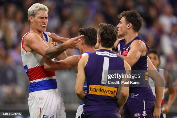 Rory Lobb of the Bulldogs wrestles with Sam Sturt of the Dockers during the round six AFL match between Fremantle Dockers and Western Bulldogs at...