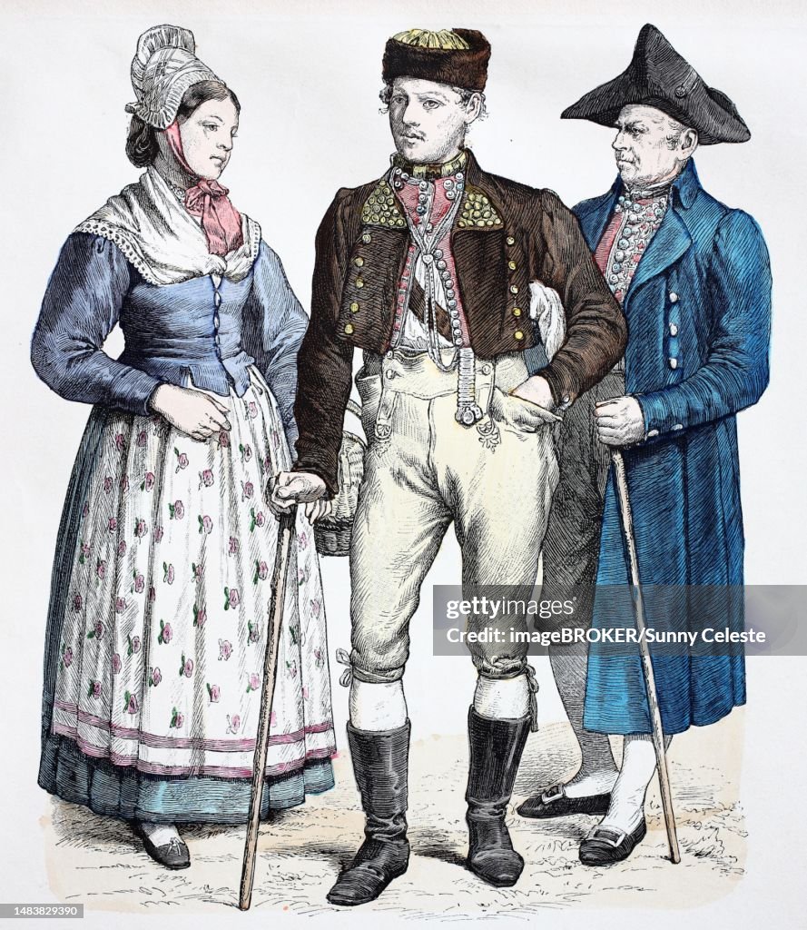 Folk traditional costume, clothing, history of costumes, woman from the Iffezheim area, men from the Tauber area, Baden, Germany, historical, digitally restored reproduction of a 19th century original