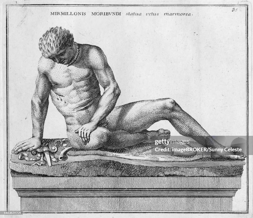 Statue of a wounded Murmillo, myrmillo, mirmillo, mormillo, was a heavily armed Roman gladiator, from the Museum of the Capitol, from Calcografia di Roma, historical Rome, Italy, digital reproduction of an 18th century original, original date unknown
