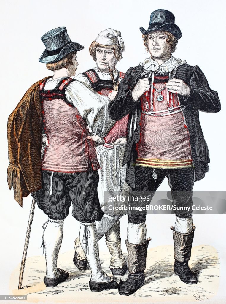Folk traditional costume, clothing, history of costumes, people from Hohenstein in Baden, Germany, 1885, Historic, digitally restored reproduction of a 19th century original