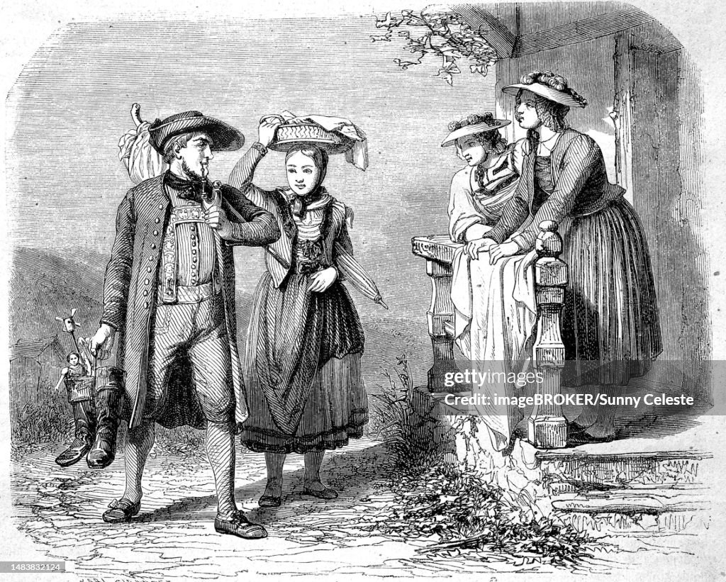 Three woman and a man in traditional costumes from Bavaria and Baden in the 19th century, Germany, Historical, digitally restored reproduction of an original 19th-century original