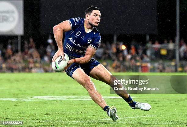 Mitchell Moses of the Eels in action during the round eight NRL match between Parramatta Eels and Brisbane Broncos at TIO Stadium on April 21, 2023...