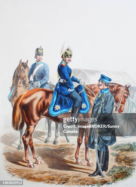 prussian army, prussian guard, train, garde train bataillon, garde train battalion, nco, officer, army uniform, military, prussia, germany, digitally restored reproduction of a 19th century original - grades stock illustrations