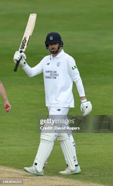 James Vince of Hampshire celebrates after scoring 150 runs during the LV= Insurance County Championship Division 1 match between Northamptonshire and...