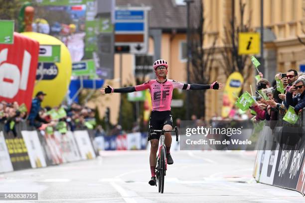 Simon Carr of United Kingdom and Team EF Education-Easypost celebrates at finish line as stage winner during the 46th Tour of the Alps 2023, Stage 5...