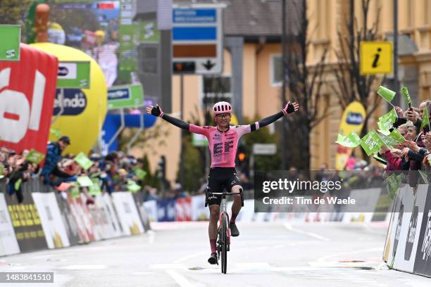 Simon Carr of United Kingdom and Team EF Education-Easypost celebrates at finish line as stage winner during the 46th Tour of the Alps 2023, Stage 5...