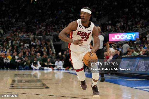 Jimmy Butler of the Miami Heat dribbles the ball against the Milwaukee Bucks during the second half of Game Two of the Eastern Conference First Round...