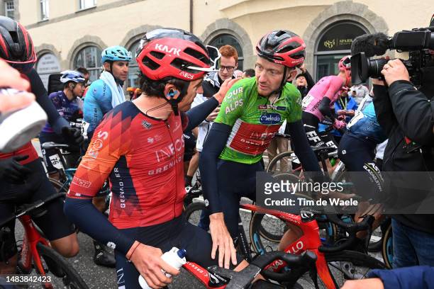 Geraint Thomas of United Kingdom and final overall winner Tao Geoghegan Hart of United Kingdom and Team INEOS Grenadiers - Green Leader Jersey react...