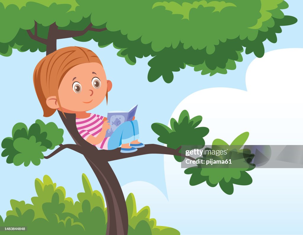 Cute girl reading book over a tree
