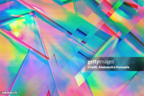 interlaced digital distorted motion glitch retro 80s, 90s, 2000s pixelated abstract cyberpunk neon rainbow holographic green, blue, orange, pink, yellow, red geometric polygonal background - fluoreszierend stock-fotos und bilder