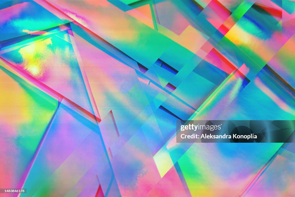 Interlaced digital Distorted Motion glitch retro 80s, 90s, 2000s pixelated abstract cyberpunk neon rainbow holographic green, blue, orange, pink, yellow, red geometric polygonal background