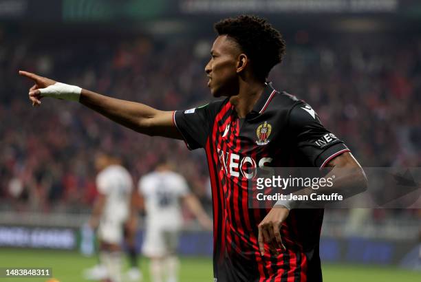 Hicham Boudaoui of Nice celebrates his goal - ultimately disallowed - during the UEFA Europa Conference League quarterfinal second leg match between...