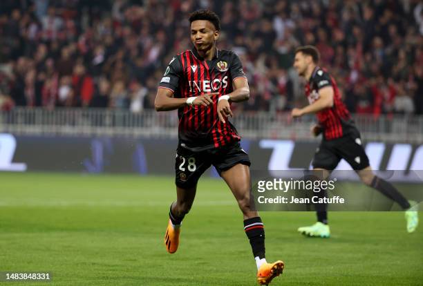 Hicham Boudaoui of Nice celebrates his goal - ultimately disallowed - during the UEFA Europa Conference League quarterfinal second leg match between...