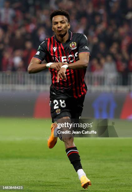 Hicham Boudaoui of Nice celebrates his goal - ultimately disallowed - during the UEFA Europa Conference League quarterfinal second leg match between...