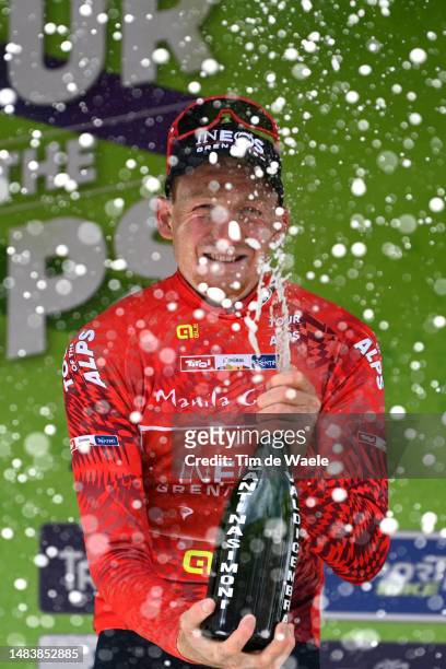 Tao Geoghegan Hart of United Kingdom and Team INEOS Grenadiers celebrates at podium as Red Points Jersey winner during the 46th Tour of the Alps...
