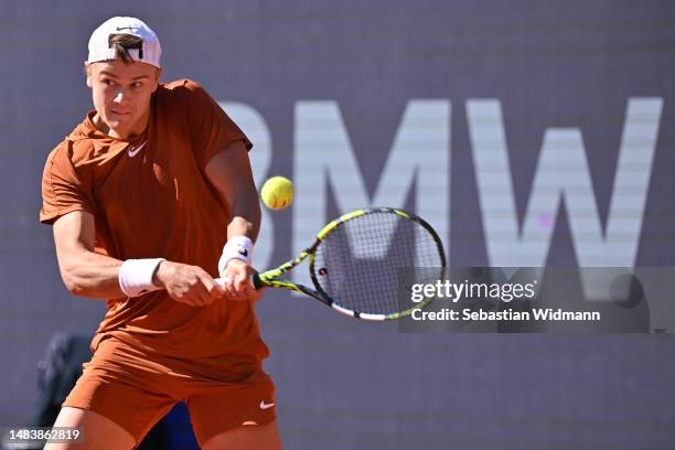 Holger Rune of Denmark plays a back hand during his quarter final match against Cristian Garin of Chile during day seven of the BMW Open by American...