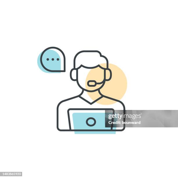 call center worker line icon. vector illustration of call center worker with speech bubble. editable stroke. - customer service color icons stock illustrations