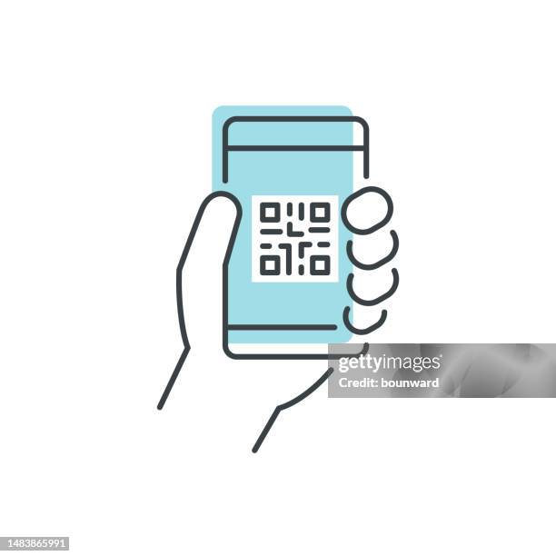 illustrazioni stock, clip art, cartoni animati e icone di tendenza di smartphone che tiene la mano con l'icona della linea del codice qr. illustrazione vettoriale dello smartphone che tiene la mano con codice qr. tratto modificabile. - qr code