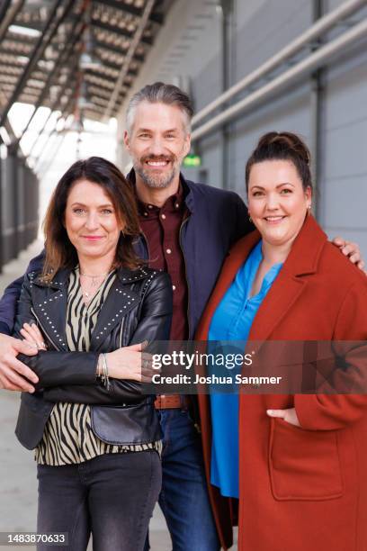 Berrit Arnold, Stefan Bockelmann and Sarah Victoria Schalow pose during a photo call for the tv series "Alles was zählt" at MMC Studios on April 21,...