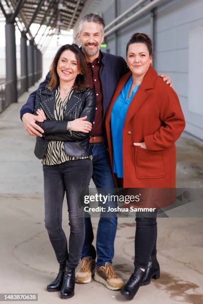 Berrit Arnold, Stefan Bockelmann and Sarah Victoria Schalow pose during a photo call for the tv series "Alles was zählt" at MMC Studios on April 21,...