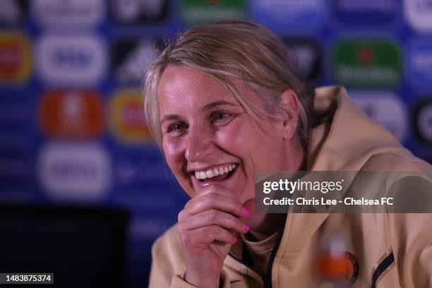 Head Coach, Emma Hayes of Chelsea talks to the media during a Chelsea FC Women's Press Conference at Stamford Bridge on April 21, 2023 in Cobham,...