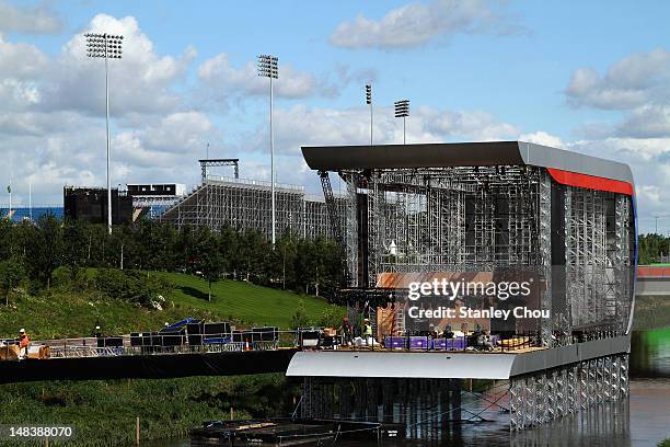 The Big Screen and Concert Stage with the Hockey Stadium in the background at the Olympic Park on July 15, 2012 in London, England.