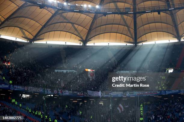 St. Pauli flag is seen ahead of the Second Bundesliga match between Hamburger SV and FC St. Pauli at Volksparkstadion on April 21, 2023 in Hamburg,...