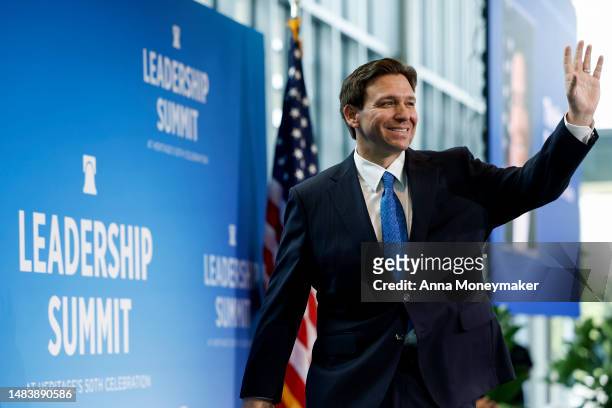 Florida Gov. Ron DeSantis walks onstage to give remarks at the Heritage Foundation's 50th Anniversary Leadership Summit at the Gaylord National...