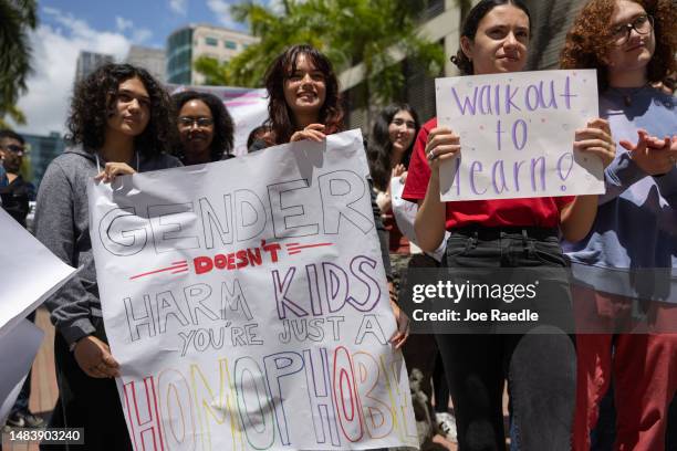 Students from the Miami-Dade County Public Schools School for Advanced Studies - Wolfson campus protest during a statewide walkout on April 21, 2023...