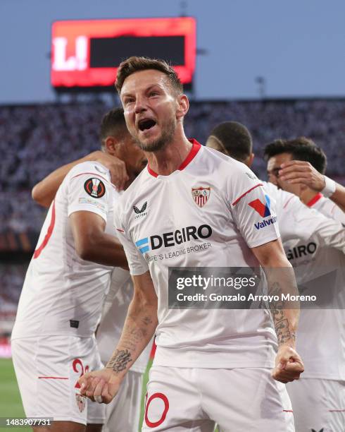 Ivan Rakitic of Sevilla FC celebrates his teammate´s Youssef En-Nesyri opening goal during the UEFA Europa League quarterfinal second leg match...