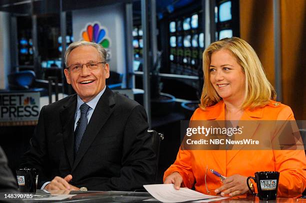 Pictured: –Bob Woodward, Associate Editor, Washington Post, left, and Hilary Rosen, Democratic Strategist, right, appear on "Meet the Press" in...
