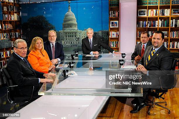 Pictured: – Bob Woodward, Associate Editor, Washington Post, Hilary Rosen, Democratic Strategist, Mike Murphy, Republican Strategist, moderator David...
