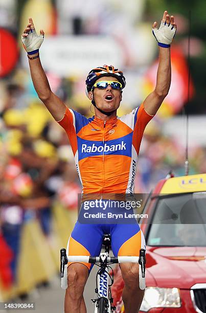 Luis-Leon Sanchez of Spain and the Rabobank Cycling Team celebrates winning stage fourteen of the 2012 Tour de France from Limoux to Foix on July 15,...