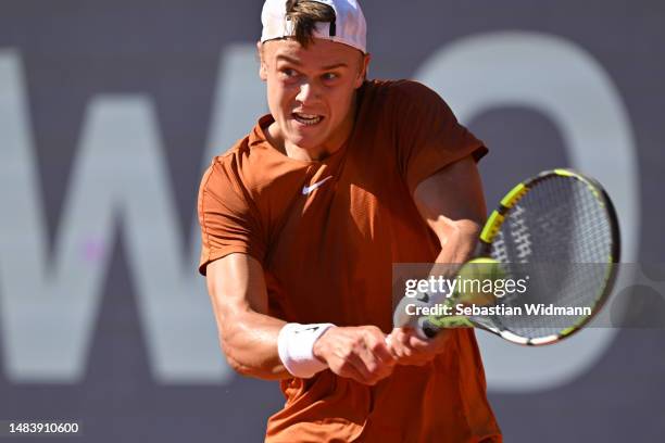 Holger Rune of Denmark plays a back hand during his quarter final match against Cristian Garin of Chile during day seven of the BMW Open by American...