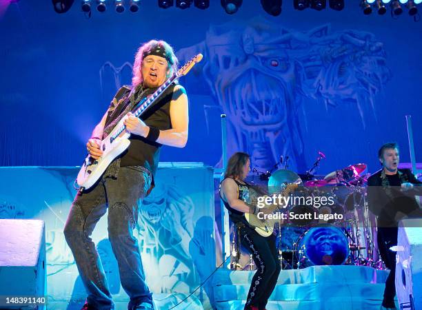 Adrian Smith, Dave Murray and Bruce Dickinson of Iron Maiden performs at Rogers Bayfest in Sarnia, ONT Canada on July 14, 2012 in Sarnia, Canada.